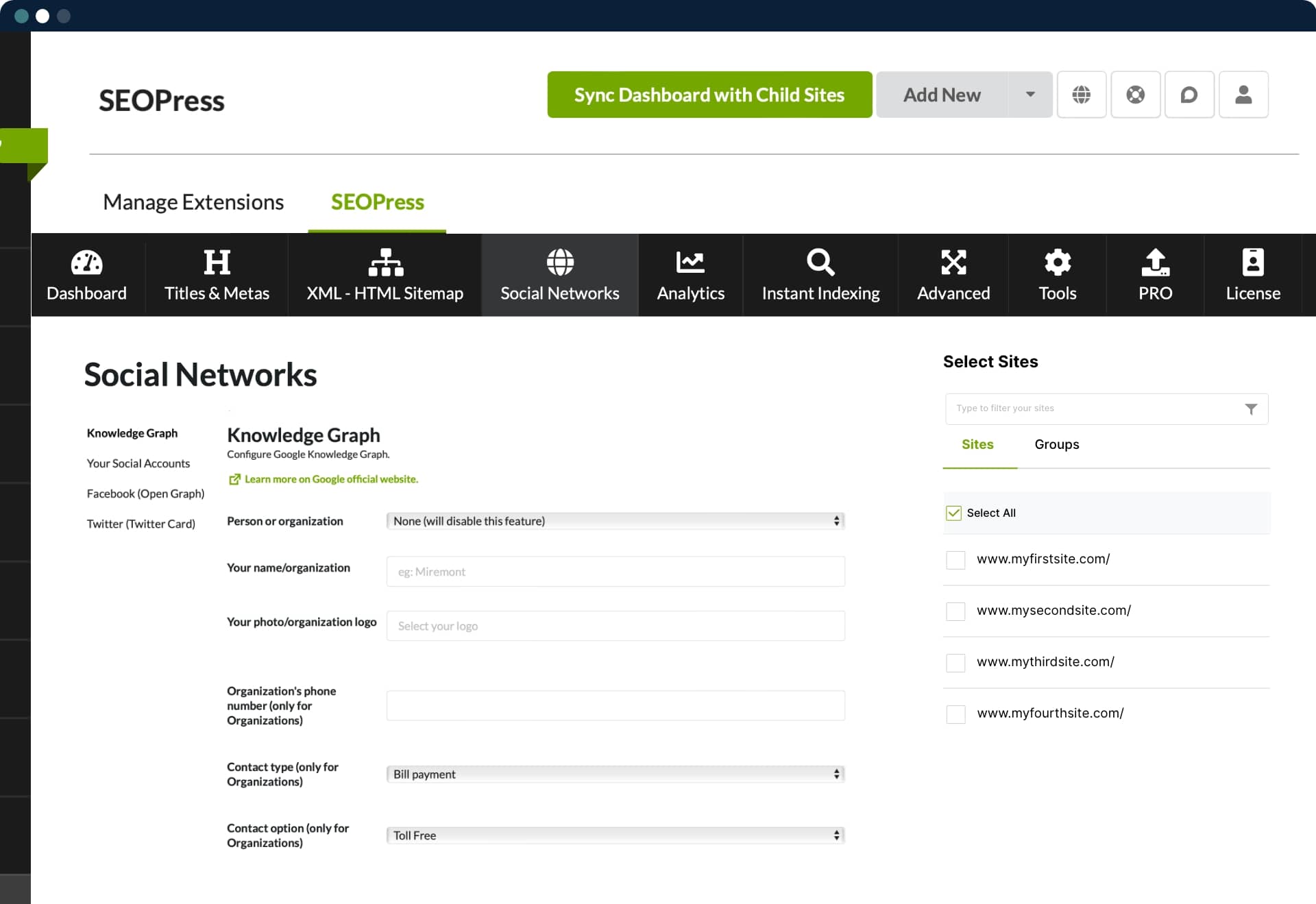 SEOPress para MainWP - Configuración de redes sociales