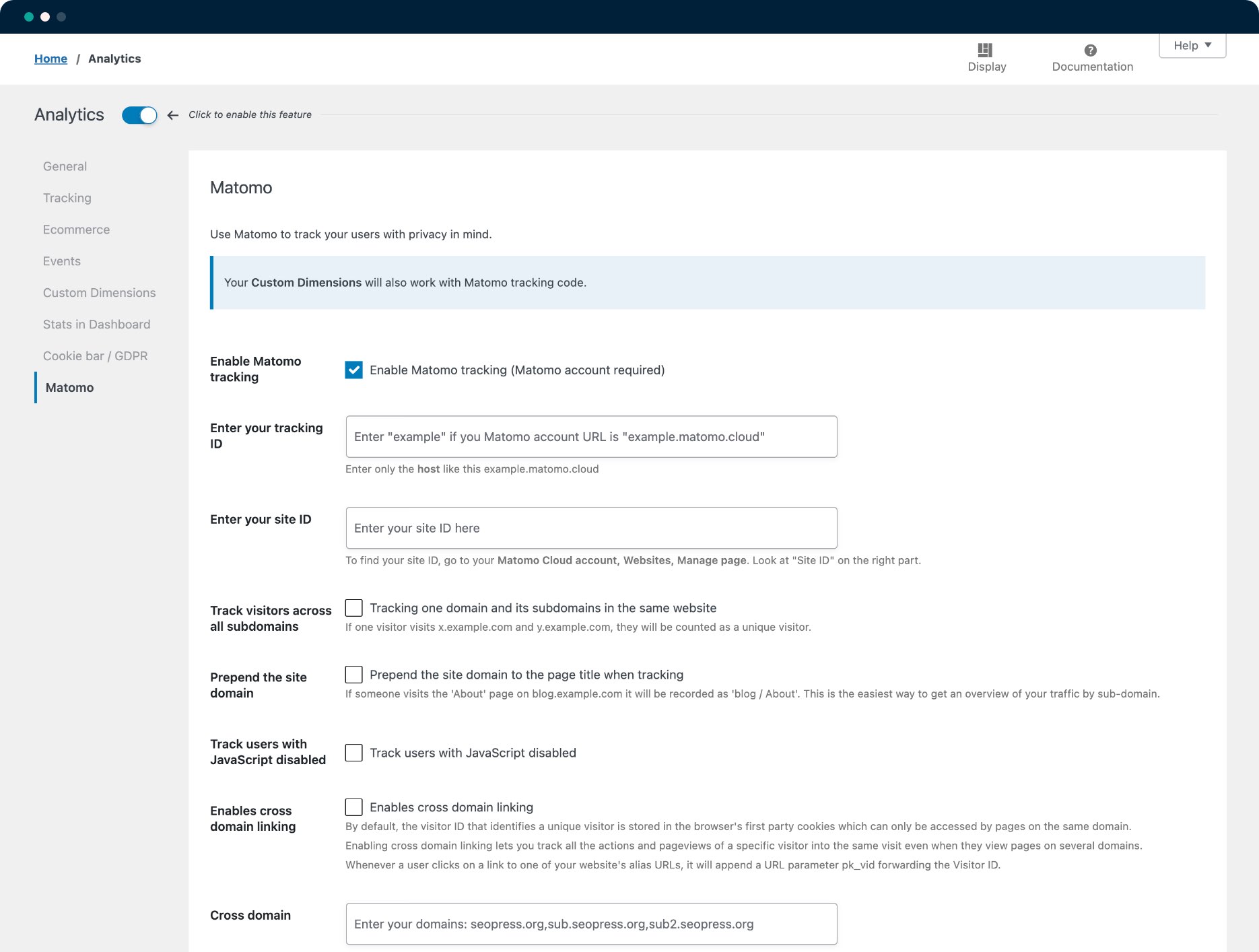 SEOPress Matomo Cloud settings