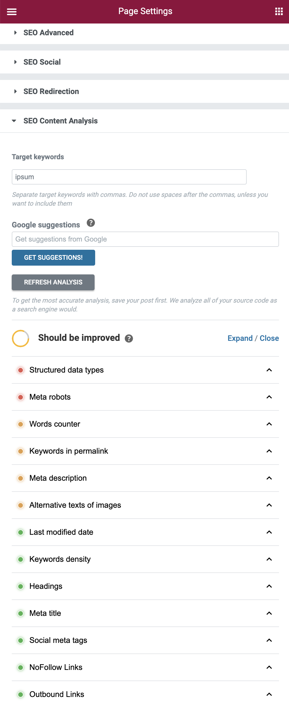 Análisis de contenido SEOPress integrado con Elementor