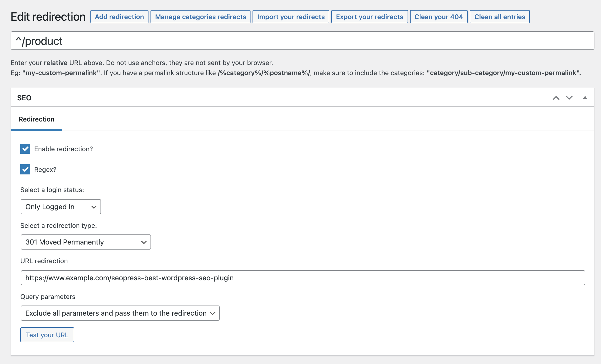 Regex option in Redirections - SEOPress PRO